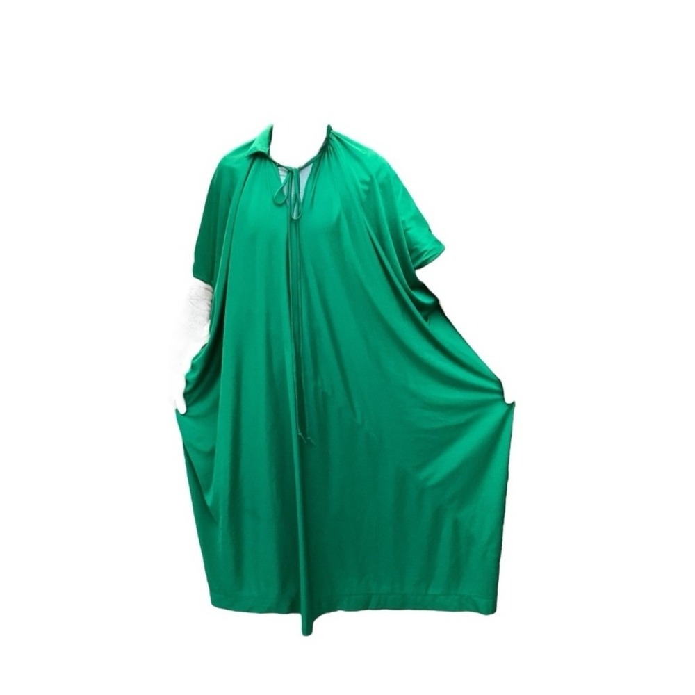 Halston IV Womens Kelly Green Tie Neck Kaftan Maxi Dress Short Sleeve Pockets - Picture 4 of 6